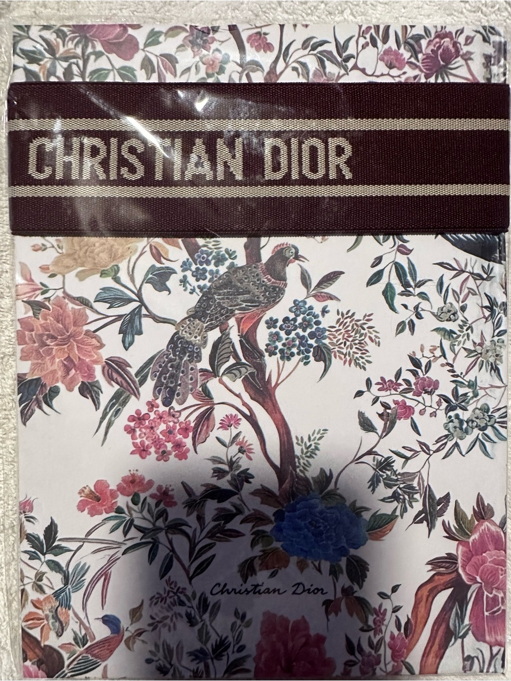 Dior Floral Spine Notebook with Gold Logo and Burgundy Ribbon